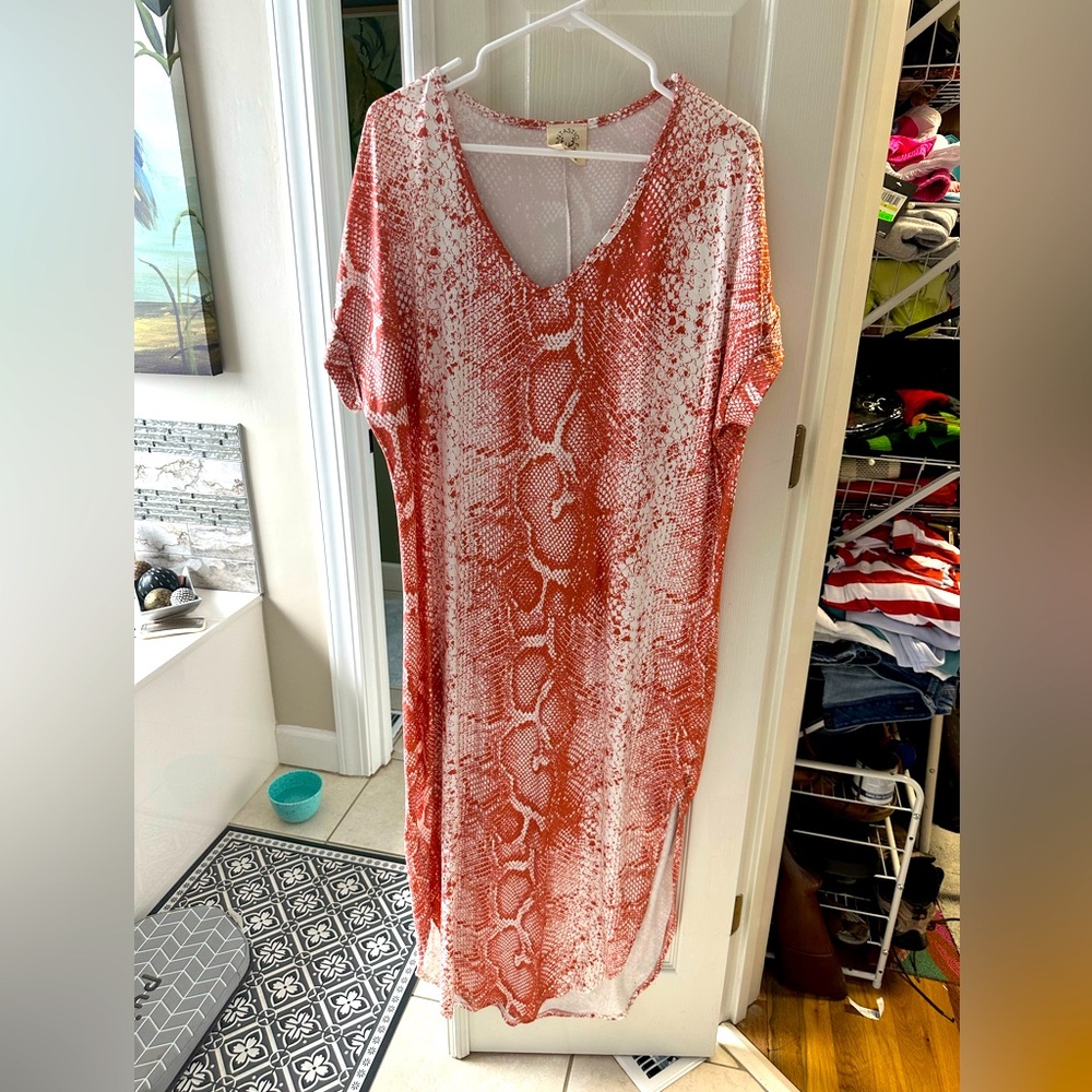 Fantastic Fawn Large midi dress. Rust and Cream snake print.